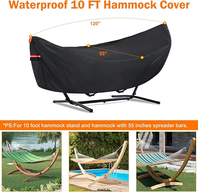 Waterproof 10 FT Hammock Cover, 210T Sun Rain UV Dust Snow Protection Outdoor Hammock Covers with Windproof Straps & Soft Cotton Lining for 10ft Stand
