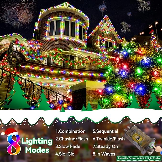 Christmas Lights Outdoor, 403FT 1000 LED String Lights 8 Modes and Timer Memory Function Twinkle Fairy Lights IP44 Waterproof Plug in for Xmas Tree Wedding Party Holiday Decor(Multicolor)