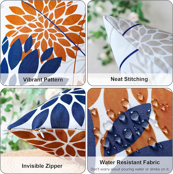 OTOSTAR Outdoor Dark Blue Orange Pillow Covers 12x20 Inch Set of 2 Beige Flower Throw Pillows Farmhouse Geometric Dahlia Floral Lumbar Cushion Case Waterproof Decor for Sofa Patio Funiture Garden