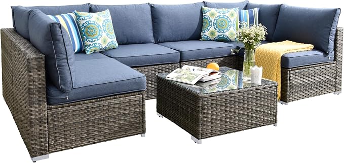 HOOOWOOO 7 Piece Patio Sectional Furniture Set,Modern Wicker Outdoor Conversation Sofa Sets,Weather Resistant Modular L Shaped Outside Couch Table Set(Denime Blue)