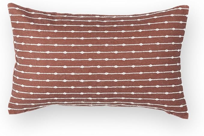 Modern Farmhouse Fall Linen Indoor Outdoor Lumbar Pillow Cover Only, 12"x20" Water Repellent for Patio, Backyard, Couch, Rust Neutral Embroidered Stripes