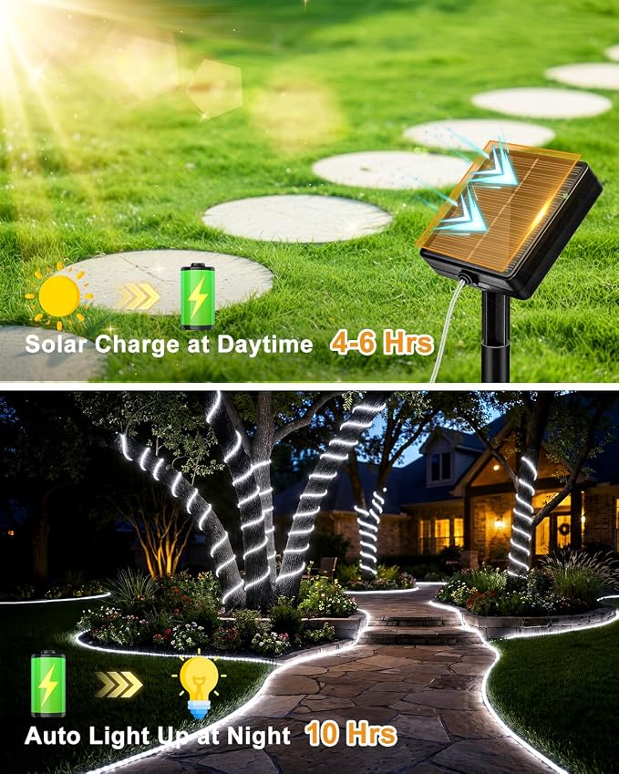 btfarm 4 Pack Solar Rope Lights, 120LED 46FT Solar String Lights Outdoor Waterproof, 8 Lighting Modes Solar Powered Strip Tube for Outside Garden Tree Christmas Yard Patio Wedding Decor, Cool White