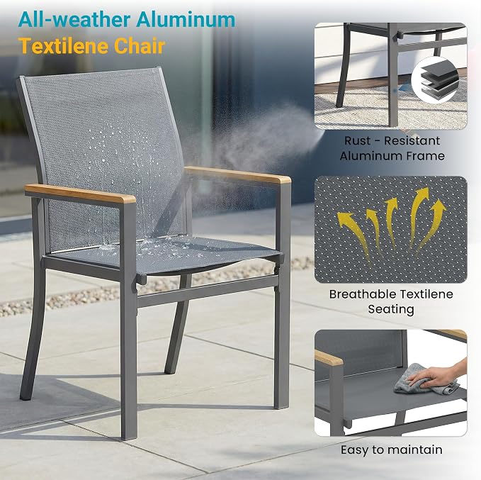 5-Pieces Aluminum Patio Table and Chairs Set, Outdoor Patio Furniture Set with Heavy Duty HDPS Round Table, All-Weather Outdoor Dining Set with Quick-Drying Breathable Textilene Chairs for Porch