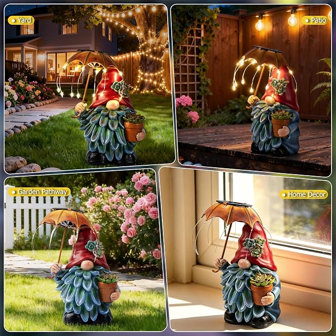 Solar Outdoor Statues Gnome Garden Decor, Garden Gnome with Solar LED Umbrella Decorative for Patio, Balcony, Lawn, Yard Ornament - Christmas Gardening Gifts for Mom Grandma