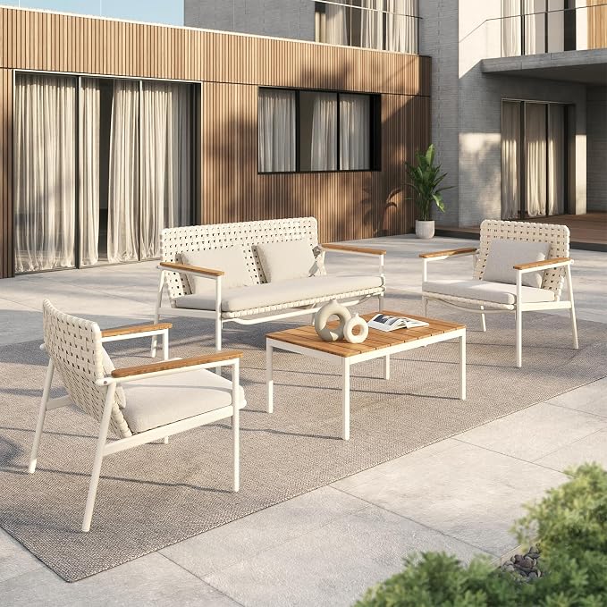 Grand patio 4-Piece Oversized Aluminum Patio Furniture Set, Extra Wide Wicker Sofa Set with E-Coated Faux Wood Grain Coffee Table and Water-Resistant Olefin Cushions