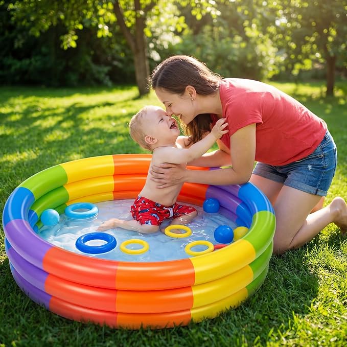 VioraWhite 4 Pack Inflatable Kiddie Pool for Toddlers 34"x10" Rainbow Blow up Kids Swimming Pool Small 3 Rings Round Baby Pools for Indoor Outdoor Water Game Play Center