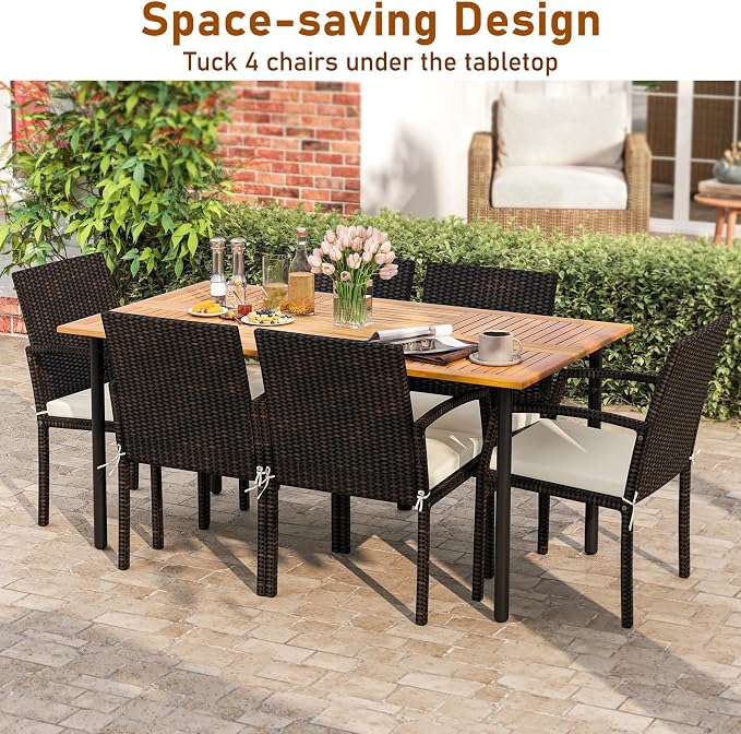 Tangkula 7 Pieces Outdoor Dining Set, Patio Acacia Wood Table and PE Rattan Chairs with Soft Cushions and 2” Umbrella Hole for Deck, Garden and Backyard