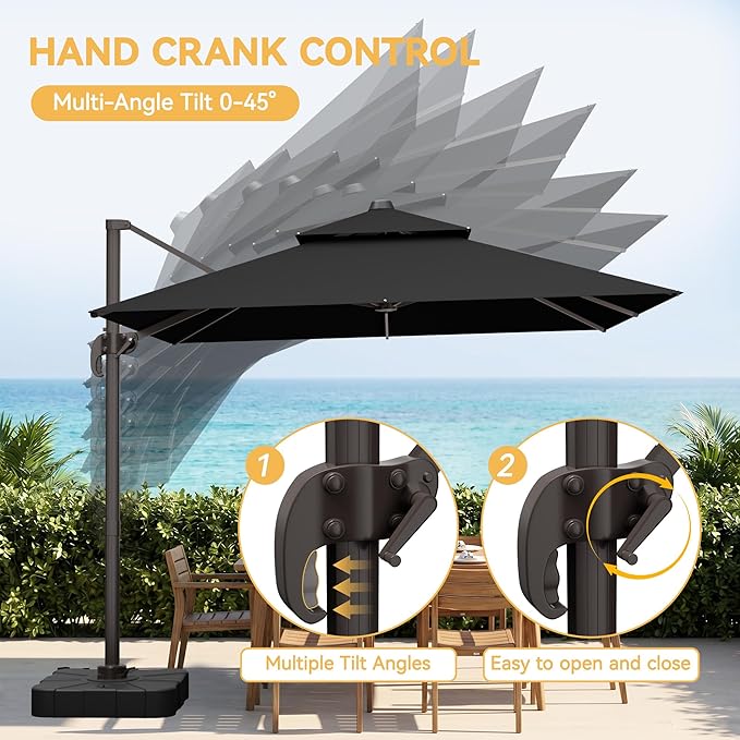 VEGOND 10x13 FT Patio Cantilever Umbrella with Base, Rectangular Heavy Duty Offset Umbrella for 8-10 People, 360°Rotation & Mult Tilt, Double Top Design, for Pool Garden Deck (Black)