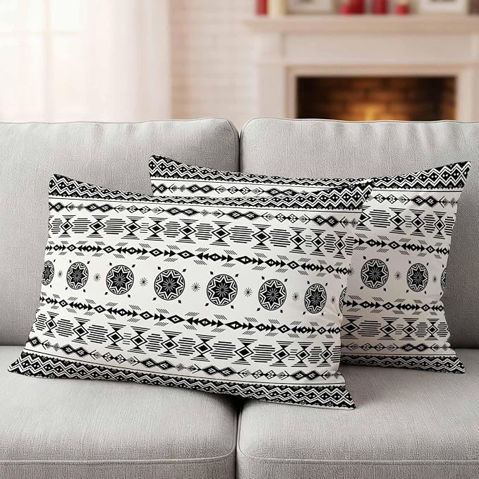 Black White Boho Outdoor Pillow Covers 20x12 Inch Lumbar Pillow Covers Set of 2 Waterproof Decorative Throw Pillow Cases Vintage Abstract Art Ethnic Tribe Cushion Covers for Patio Furniture Garden