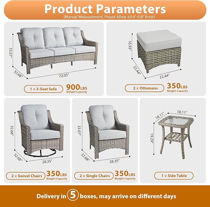 8 PCS Outdoor Patio Furniture Sets,Patio Conversation Sets Outside Rattan Soft Cushion Sofa with 2 Wicker Rocking Chairs Soft Cushion Fit Backyard Porch Garden Poolside Balcony,Light Grey