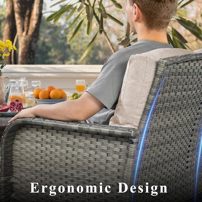 CAODOC 4-Piece Wicker Patio Furniture Set, All-Weather Rattan Conversation Bistro Loveseat Chair and Table Set for Backyard, Balcony and Deck with Soft Cushions and Metal Table(Tan)