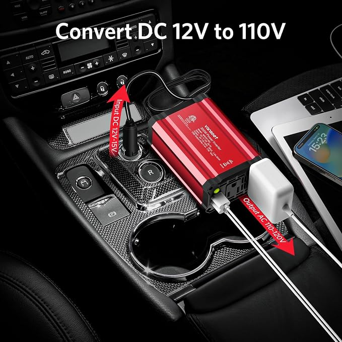 300W Car Power Inverter - vansoet DC 12V to 110V AC(2 Outlets) Power Inverters with 3.4A Dual USB Fast Charging Port - Car Charger Cigarette Lighter Adapter for Laptop/Phone/Road Trip (Red)