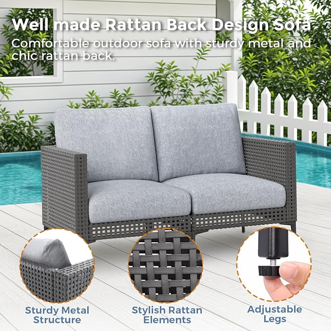 Jocoevol Outdoor Patio Sofa Conversation Set–Rattan 4 Seats Comfortable Couch for Garden, Yard, Weatherproof–Includes Glass Table, Armless Chairs, and Two-Seater Sofa