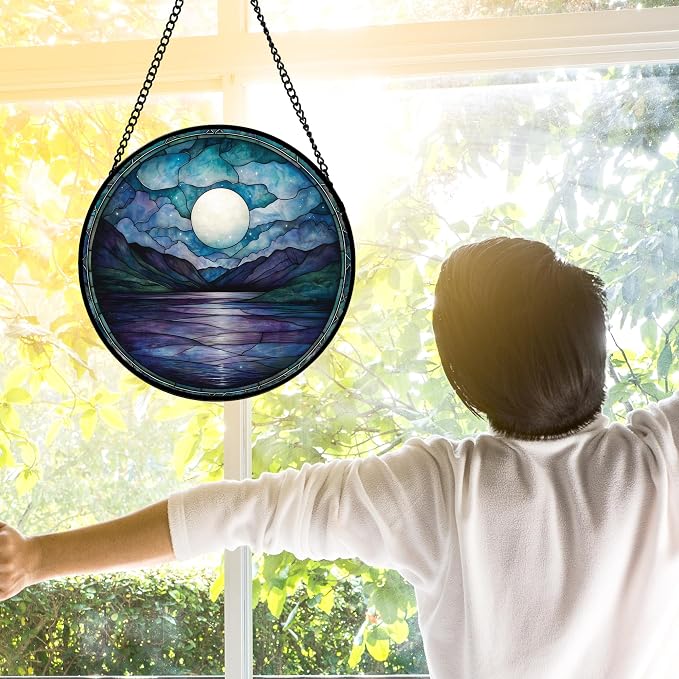 DASTOLL Stained Glass Window Hanging, Blue Night Moon Lake Sun Catchers Colorful Glass Panel Landscape Suncatcher Decor for Birthday for Women, Men, Wife, Aunt, and Mom 9.8 in