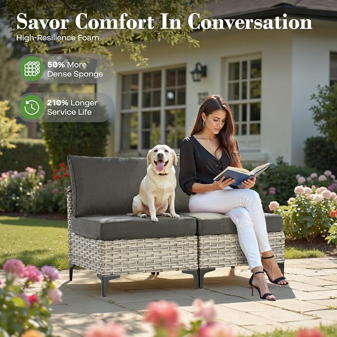 7 Piece Outdoor Patio Furniture with Glowing Coffee Table, Rattan Wicker Conversation Set with Sofa, Sectional Single Chairs for Outside Porch Balcony Backyard Pool,Black