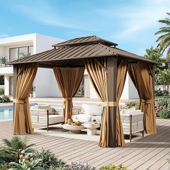 10x12FT Hardtop Gazebo with 50FT Solar String Lights, Metal Frame with Double Galvanized Steel Roof, Permanent Outdoor Pergola for Backyard, Patio, Lawn and Garden, Brown