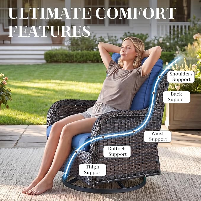 Rilyson Wicker Rocking Chair Swivel Chairs - 4 Piece Rocker Patio Chairs Set Rattan Rocking Chair for Outdoor Porch Deck Garden Backyard(Brown/Blue)