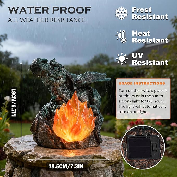 Solar Dragon Garden Decor, Porch Dragon Statue with Fiery Light - 6.8 inch Lawn Ornaments, Outdoor Decorative Art Gift for Patio, Yard, Backyard, Porch