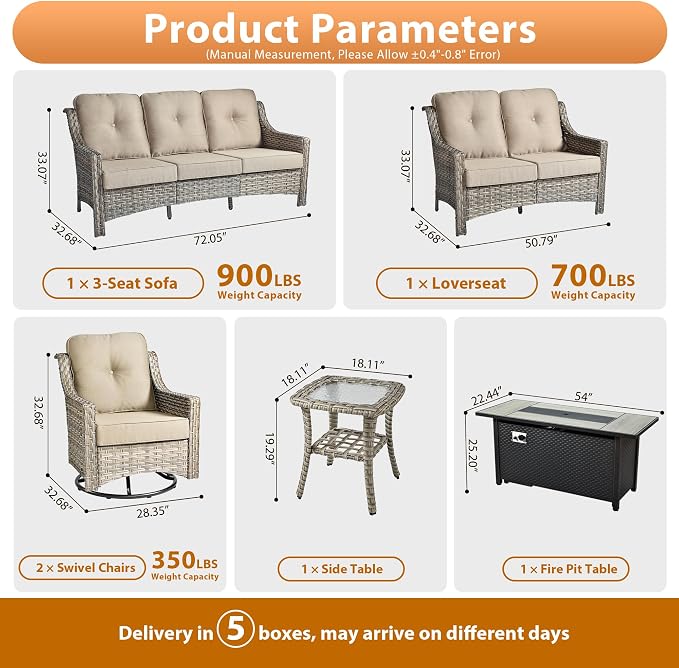 6 PCS Outdoor Patio Furniture Sets,Patio Conversation Sets Outside Rattan Soft Cushion Sofa with 2 Wicker Rocking Chairs & 54 in Fire Pit Table Fit Backyard Porch Garden Poolside Balcony,Beige