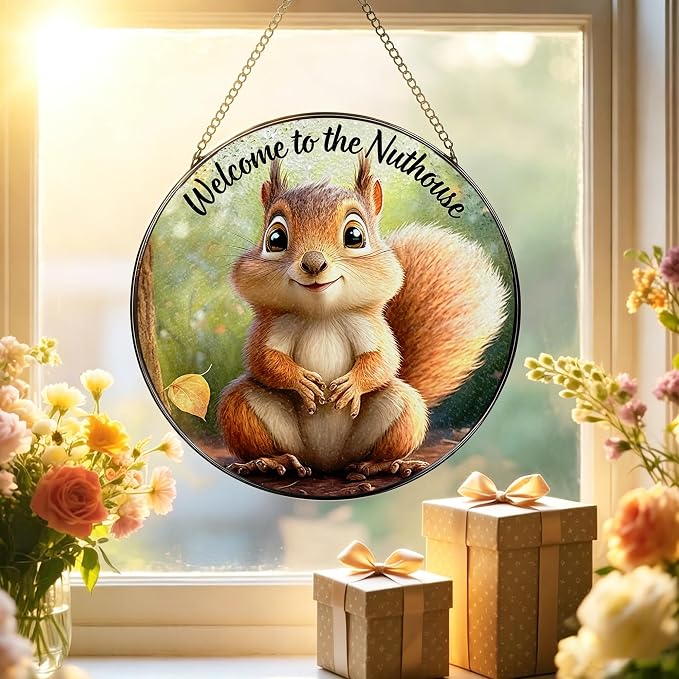 Stained Glass Window Hanging 8" Welcome to the Nuthouse Squirrel Sun Catchers, Stained Glass Suncatcher Decor for Christmas, Birthday, Housewarming, Gift for Squirrel Lover Friend Coworker Neighbor