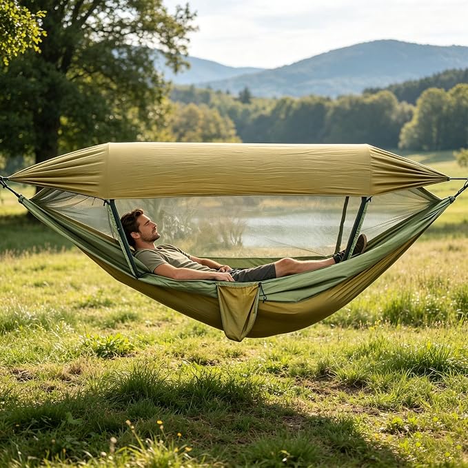 Camping Hammock with Canopy Anti Roll Widened 300kg Capacity Tree Hammock for Backyard Lounging Backpacking Open Air Activities