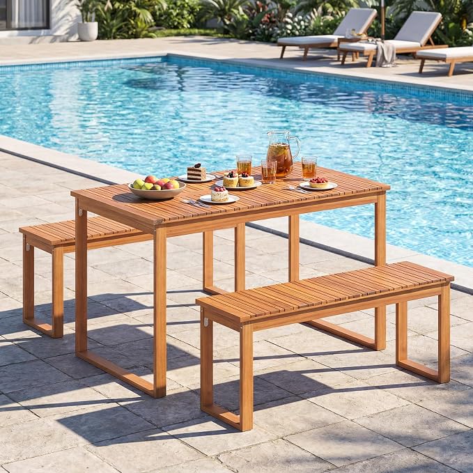 Tangkula 3 Pieces Patio Wooden Dining Set, Acacia Wood Rectangular Picnic Beer Table with 2 Benches for 4 People, Outdoor Dinner Furniture Set for Backyard, Garden and Poolside