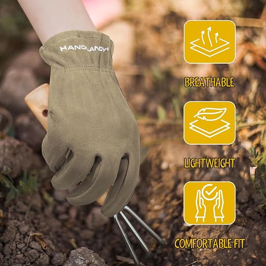 HANDLANDY 2 Pairs Kids Leather Gardening Gloves, Kid Work Gloves, Khaki, L | Durable Soft Breathable Yard Work Cycling Outdoor Playing Glove for Age 2-9, for Children, Boys, Girls, Toddlers, Great Gift