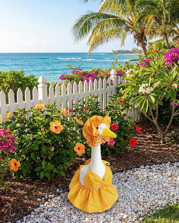 Summer Porch Goose Outfits Bikini with Sun Hat, 23" Yellow Polka Dot Hawaiian Swimsuit Lawn Cement Goose Clothes, Cute Porch Goose Swimsuit for Garden Decor, Best Gift for Mom Grandma