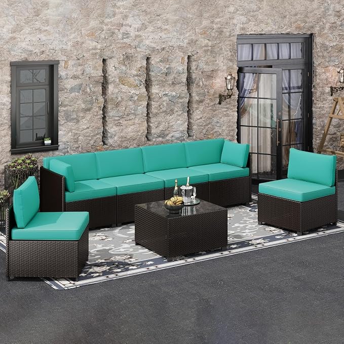 8-Piece Outdoor Wicker Patio Furniture Set with Sectional Rattan Sofa and Coffee Table Thick Cushions for Backyard Lounge(Green)