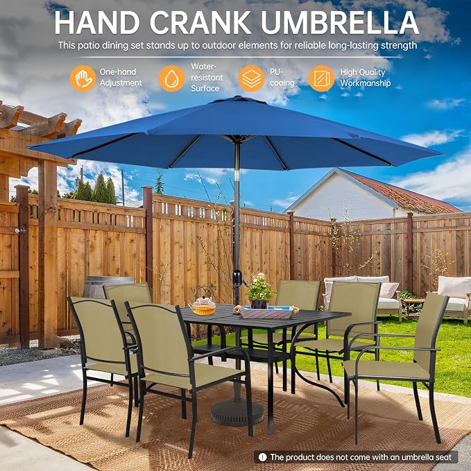 SUNCROWN 8 - Piece Outdoor Dining Set, Patio Furniture Set with 6 Textilene Dinning Chairs, 1 Rectangle Metal Table and 1 Dark Blue 9Ft Patio Umbrella for Lawn Garden Backyard Deck, Brown