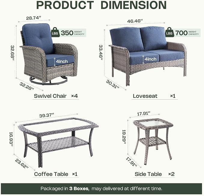 8-Piece Patio Furniture Set, Outdoor Wicker Furniture with Coffee Table, High Back Swivel Rocker Patio Chairs, Modern Rattan Outdoor Chairs Conversation Set for Porch, Balcony, Garden, Denim Blue