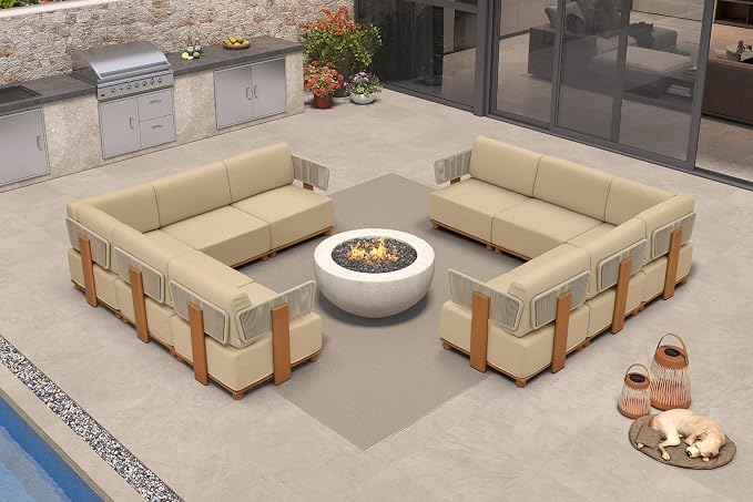 PURPLE LEAF Patio Furniture Set Modular L-Shaped Outdoor Sectional Sofa with 11" Thick Olefin Cushion 10-Piece Outdoor Conversation Set with Coffee Lights for Patio Backyard Garden Poolside, Beige