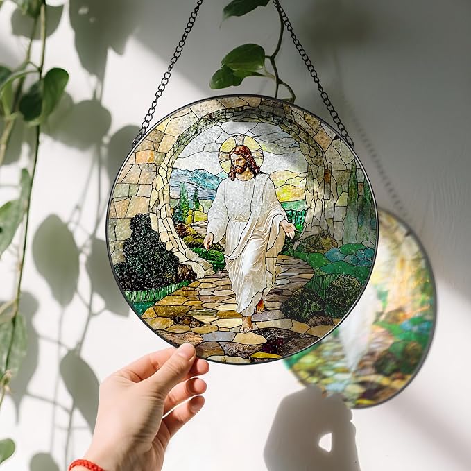 8 Inch He is Risen Resurrection of Jesus Stained Glass Suncatcher, Stained Glass Window Hanging, Sun Catchers Indoor Window Decor and Christmas, Christian Gift, Religious Gifts, Christian Home Decor