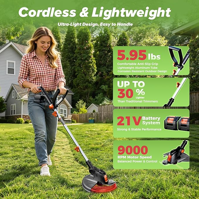 4000mAh Weed Wacker Weed Eater: 21V Electric Cordless Edger and String Trimmer 2in1 Lawn Tool Battery Powered 12 Inch Grass Cutter with 2Pack 4.0Ah Batteries and Charger for Yard Garden Home Use