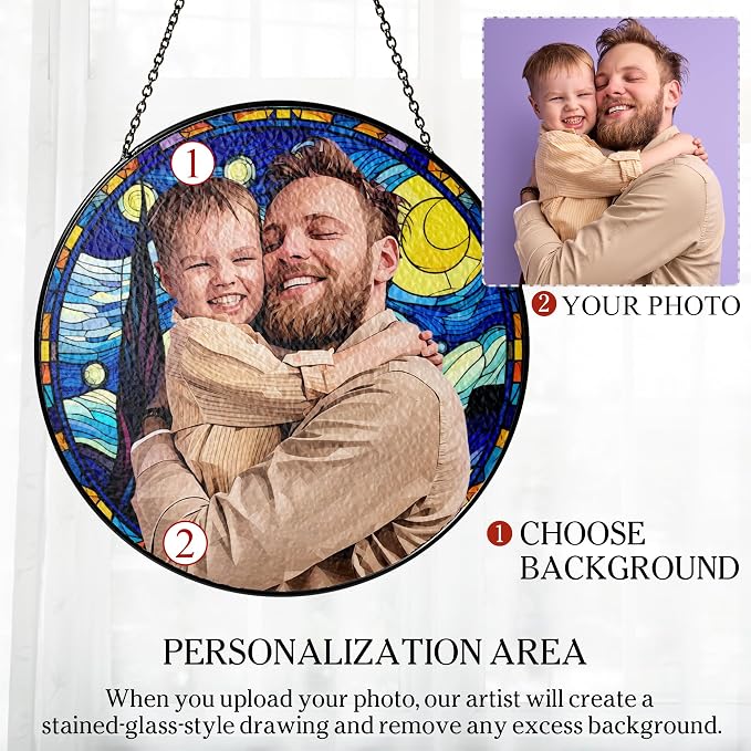 Custom Photo with Fantasy Background, Personalized Stained Glass Window Hanging - Father's Day, Birthday Gift for Dad, Grandpa,Family (Portrait with Background)