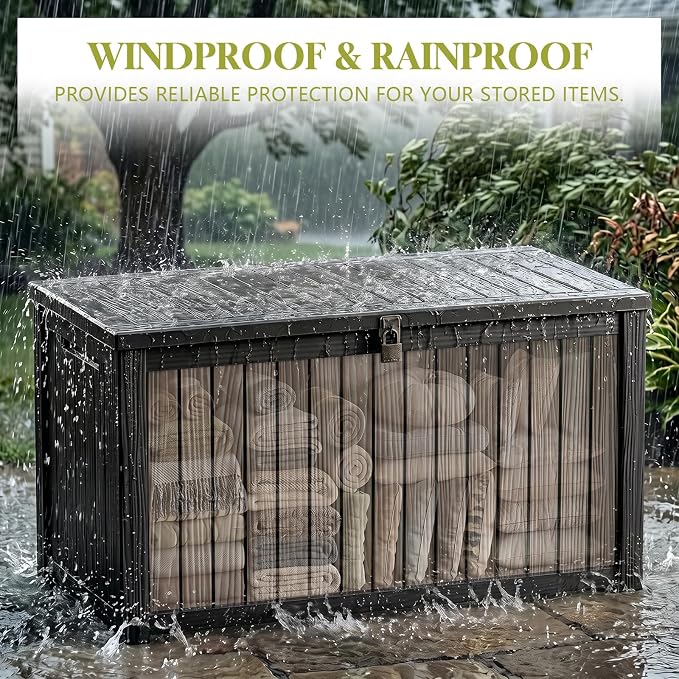 Waterproof Outdoor Storage Box Outside Deck Box Lockable Resin Bench UV Resistant Furniture Cushion Pool Tool Float Bin Patio Garden Porch (Black, 200 Gallon)