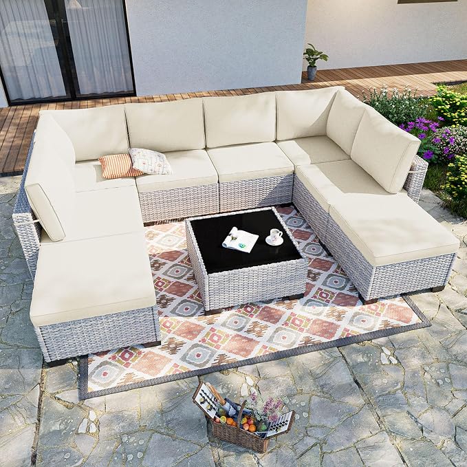 9-Piece Patio Furniture Set, Outdoor Sectional with Ottomans, Modular Patio Sofa, Dual-Strand Wicker Rattan, Rust-Resistant Frame, Backyard Furniture for Garden, Deck, Ivory