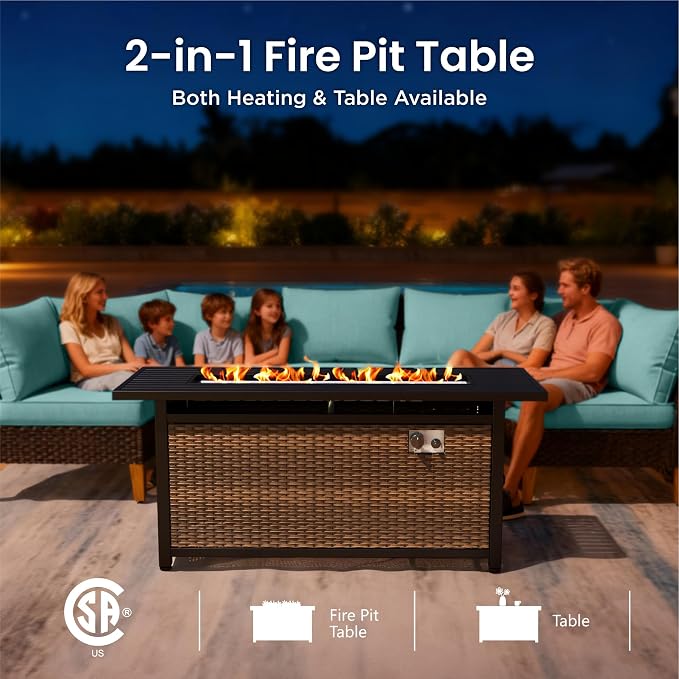 PHI VILLA Outdoor Wicker Patio Furniture Set with 56" Fire Pit Table, 8-Piece Oversized Sectional Rattan Sofa Backyard Poolside Set for 7 Seats with Cushioned, Blue