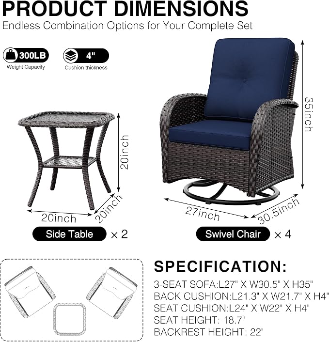Joyside Wicker Patio Furniture Set, 6 Piece Outdoor Furniture Set with Thickened Cushions, High Back, Deep Seating, Wide Armrest, Outdoor Swivel Rocker Chairs for Porch, Deck