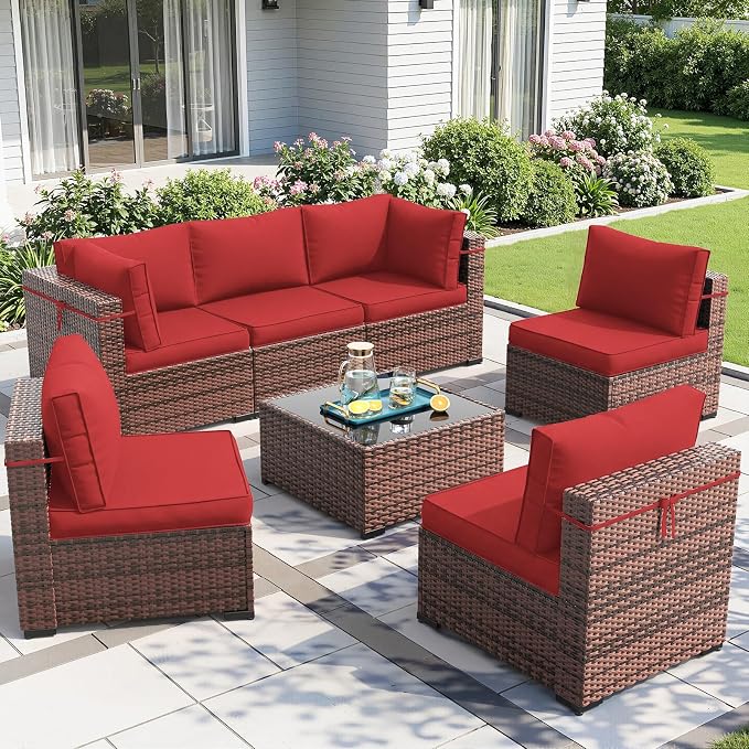 Amopatio Patio Furniture Set Modular Outdoor Sectional 7 Piece Wicker Patio Set, Multiple Combinations Outdoor Sofa w/Coffee Table, Waterproof Cover Included, Burgundy
