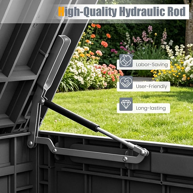 HAPPYGRILL 100 Gal Outdoor Deck Box, Lockable Storage Bin with Lid and Handles, Waterproof and Sun-Protective Patio Bench and Storage Box for Garden Tools Pool Supplies (Black, 100Gallon)