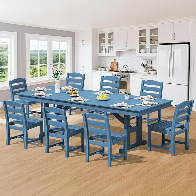 SERWALL Outdoor Armless Dining Chairs Set of 2, All-Weather HDPE Patio Chair with 19.7" Widened Seat, for Backyard, Garden, Blue