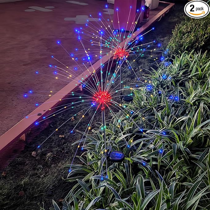Solar Garden Firework Lights Outdoor Waterproof, 2 Pack 150 LED 8 Lighting Modes Sparklers Solar Twinkling Starburst Lights for Yard Flowerbed Pathway Fence Decorations, Multicolor, Copper Wire