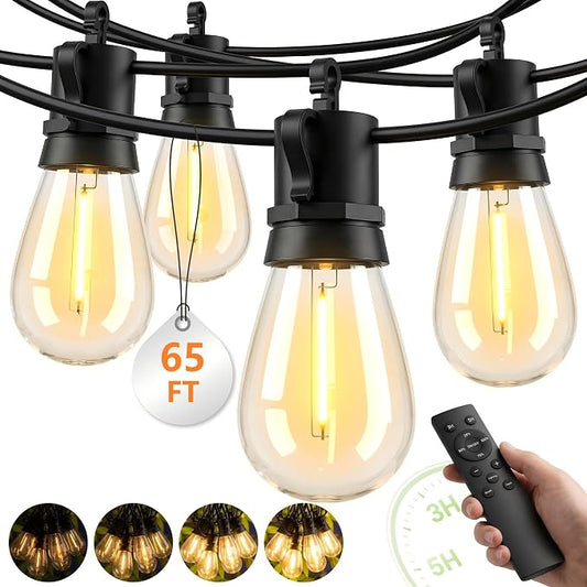 Outdoor String Lights Patio Light - 65Ft Outside Waterproof Dimmable Bulbs | S14 LED Remote Porch Light, Shatterproof Edison Bulbs Hanging Connectable Lighting for Gazebo Backyard Bistro Pergola, Timer