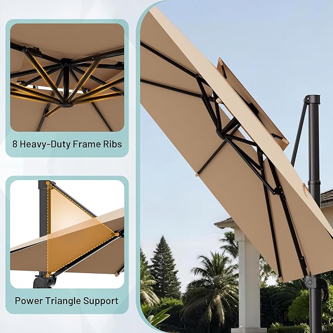 AreShark 10×10FT Double-Top Cantilever Patio Umbrella with Base Included, Offset Umbrella with 360 Degree Rotation, Heavy Duty Patio Umbrella for Garden Deck Pool, 5 Tilt Angles, Beige