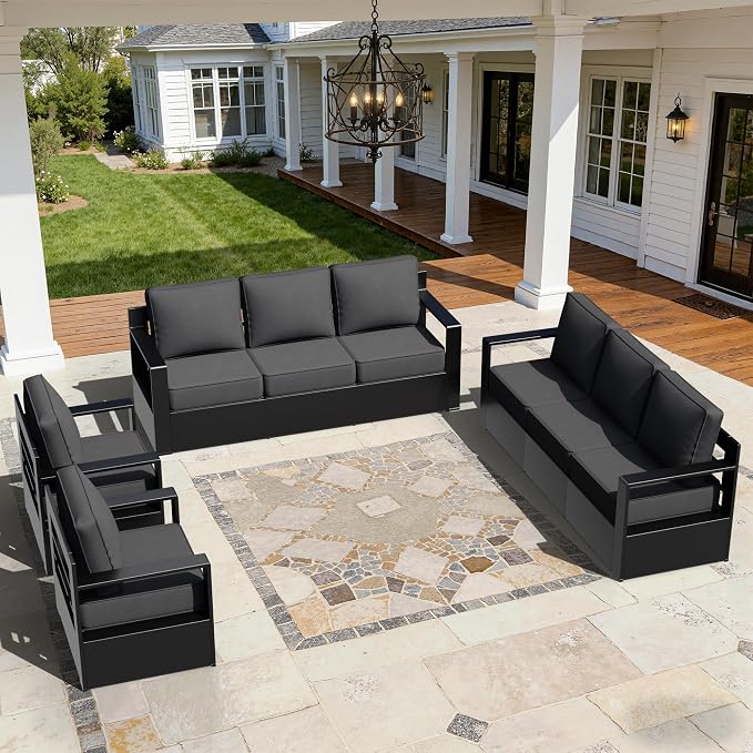 Outdoor Aluminum Furniture Set, 4-Piece Patio Conversation Set, 2 Swivel Chairs and 2 Sofa, All-Weather Metal Frame, 6" Thick Removable Cushions, Deep Setting for Garden, Poolside and Porch