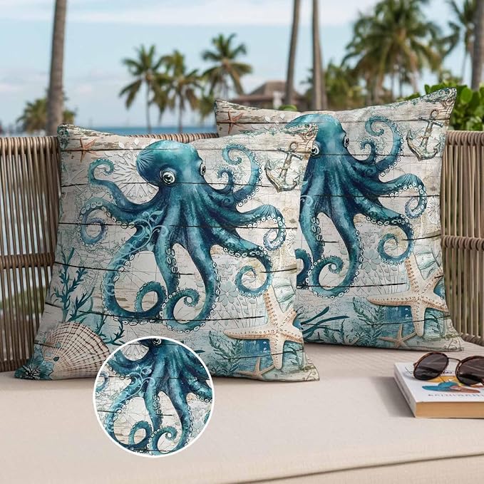 Teal Octopus Coastal Waterproof Outdoor Pillow Covers Set of 2 Home Decor, Summer Beach Nautical Starfish Retro Pillowcase Patio Pillow Covers for Couch Bench Furniture Garden 18x18in