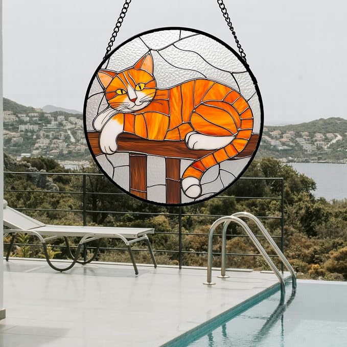 Stained Glass Window Hanging 4 Pcs Set Cute Cat 7.8" - Suncatcher Door Garden Sun Catcher Decor Birthday Mother's Day Christmas Comfort Gifts for Lost Pet Woman Nana Mom Men Friend