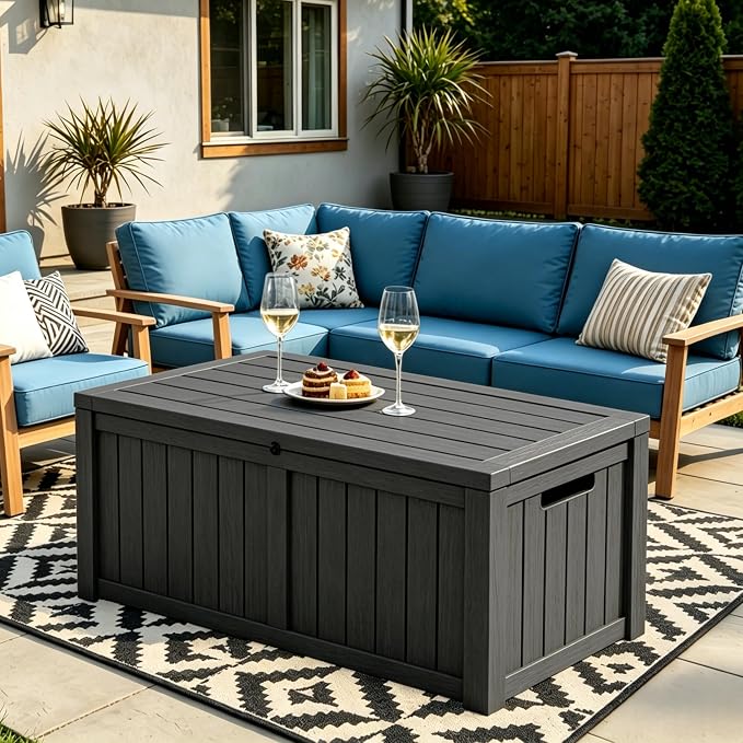MAKINO 178 Gallon Large Resin Outdoor Storage Box, Waterproof Deck Box, Lockable Deck Container with Reinforced Support, Outdoor Chest for Patio Accessories, Outdoor Cushions, Garden Tools, Black