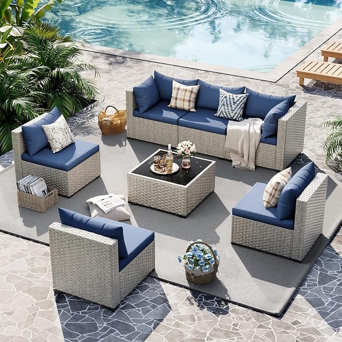 UDPATIO Outdoor Patio Furniture Set, 7 Pcs PE Wicker Sectional Sofa with Tea Table, Outdoor Conversation Set for Patio, Garden, Backyard (Blue Cushions with Light Grey Rattan)